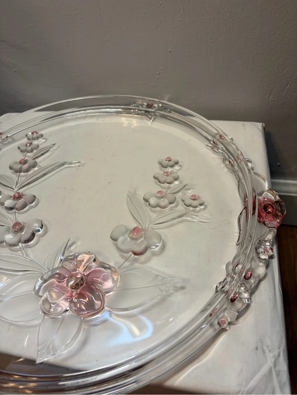 Vintage Mikasa Blossom Time Crystal Cake Platter Pink Floral 12.5”